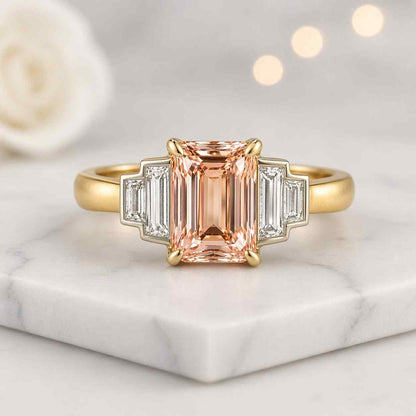 emerald cut ring peach ring statement ring three stone ring step cut ring solitaire ring gemstone ring cocktail ring promise ring bridal ring luxury ring fine jewelry artisan ring handmade ring elegant ring classic ring