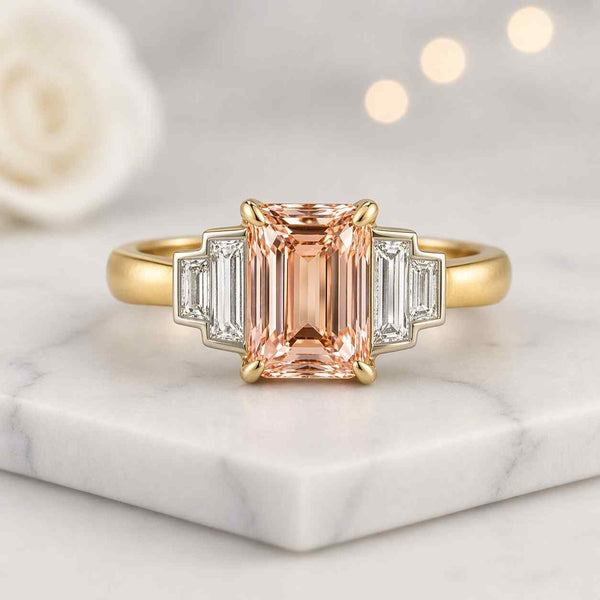 emerald cut ring peach ring statement ring three stone ring step cut ring solitaire ring gemstone ring cocktail ring promise ring bridal ring luxury ring fine jewelry artisan ring handmade ring elegant ring classic ring