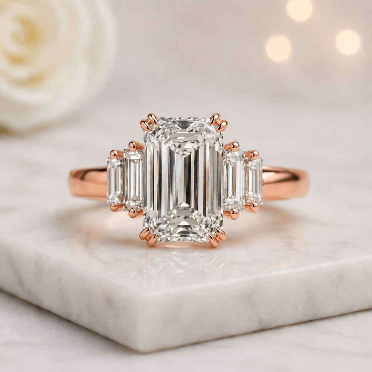 emerald cut ring three stone ring rose gold ring solitaire ring statement ring engagement ring bridal ring