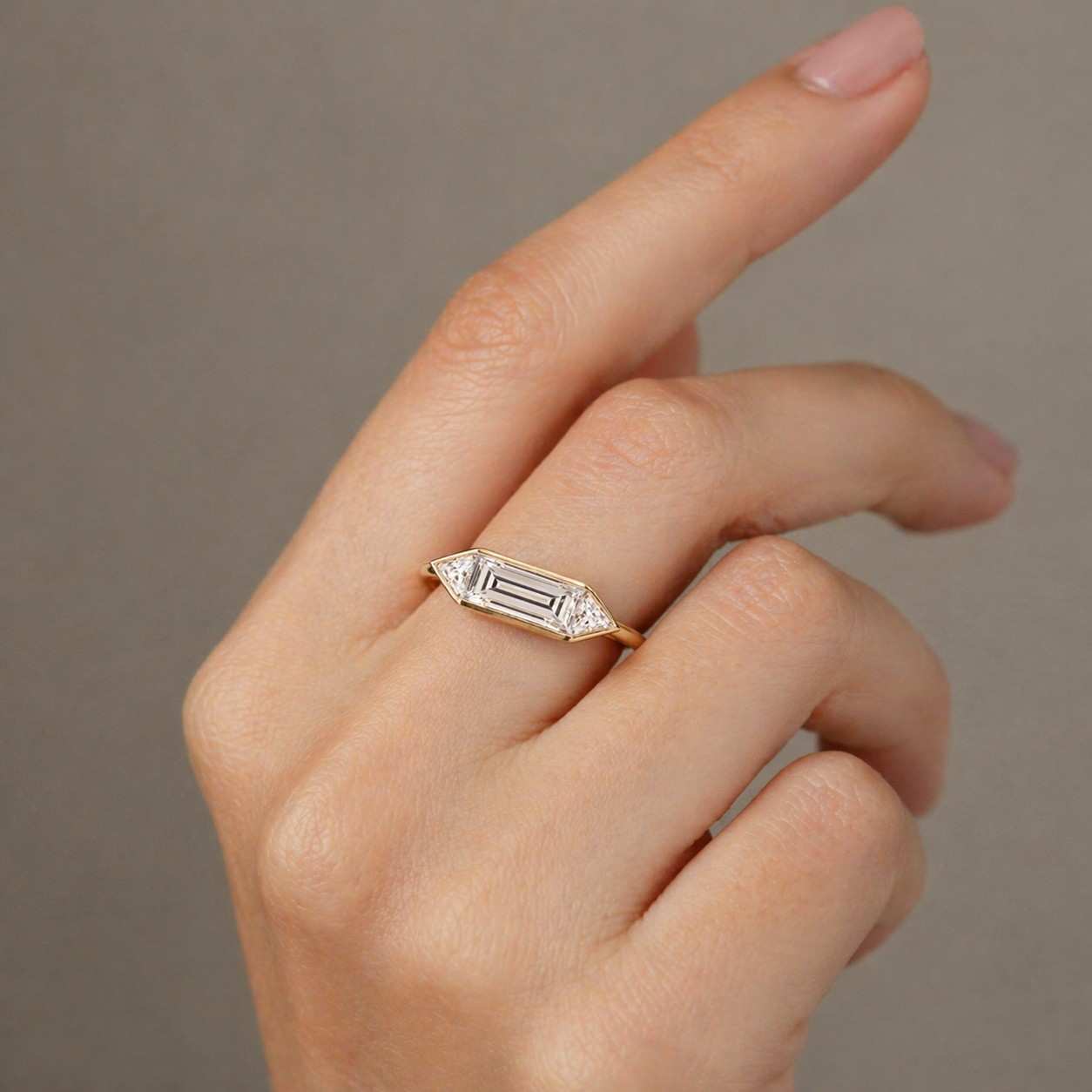 emerald cut ring trapezoid ring shield ring hexagon ring elongated ring bezel set ring low profile ring comfort fit ring polished ring gold band ring contemporary ring artistic ring