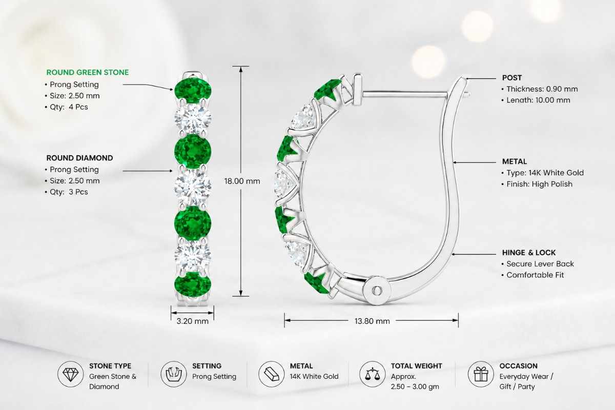 emerald diamond earrings green crystal earrings yellow gold earrings open hoop earrings anniversary earrings