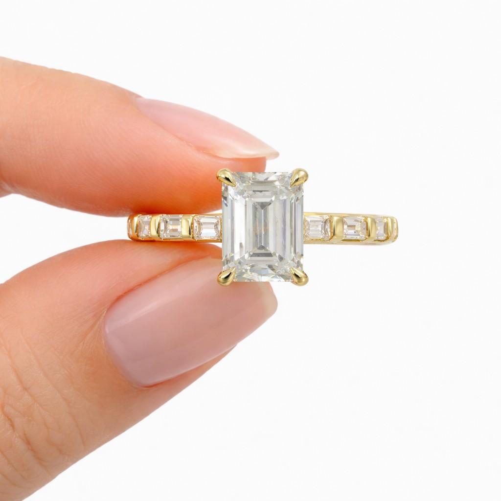emerald engagement ring baguette diamond ring gold engagement ring thin band ring cathedral ring four prong ring