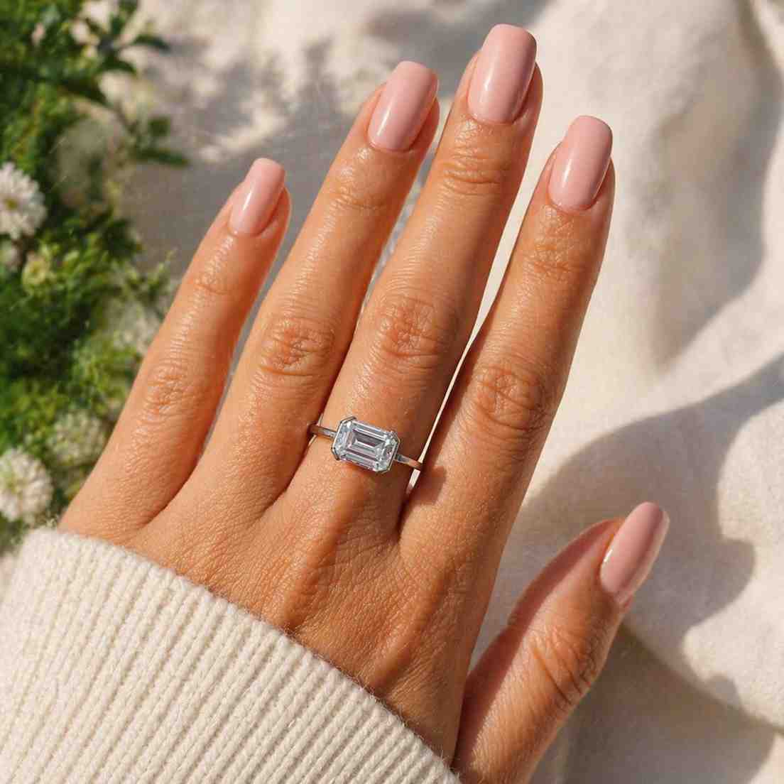 emerald engagement ring emerald solitaire ring rectangular diamond ring skinny band ring gold solitaire ring bezel set ring claw prong ring bridal accessory wedding jewelry