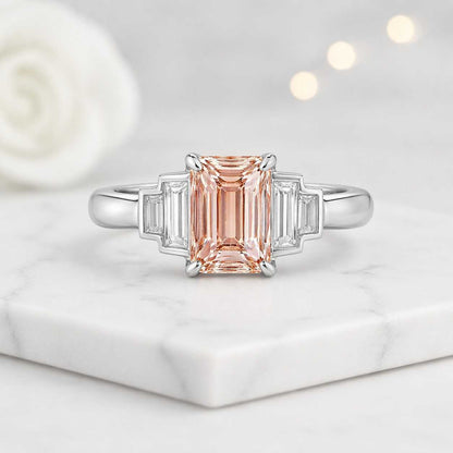 emerald gemstone ring peach sapphire ring morganite ring peach crystal ring rectangular ring fancy ring wedding ring engagement jewelry bridal jewelry proposal ring