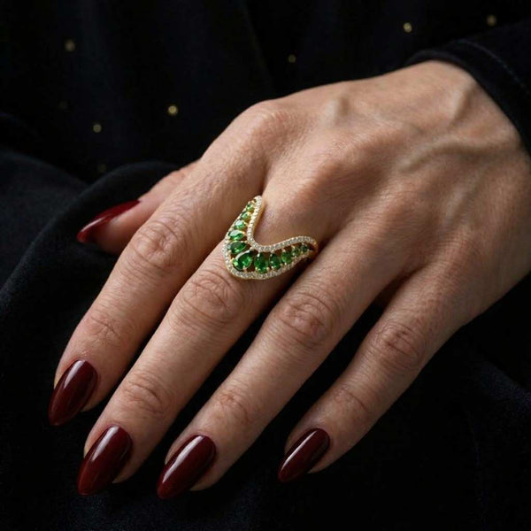 emerald ring green gemstone curved band chevron band v shaped ring nesting band contour band stack ring