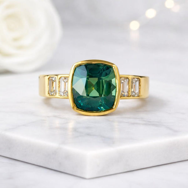 emerald ring green stone ring cushion ring bezel ring statement ring gold ring women ring solitaire ring gemstone ring