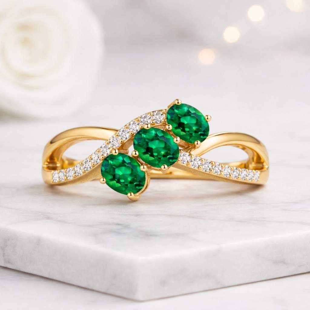 emerald ring green stone ring three stone ring gold ring promise ring women ring gemstone ring oval stone ring