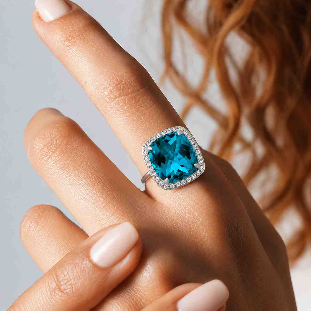 engagement ring halo gemstone ring luxury gemstone ring bright gemstone ring faceted gemstone ring blue crystal ring clear accent stones