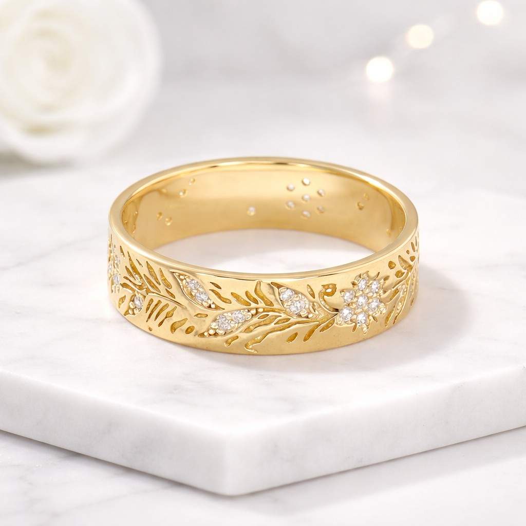 engraved wedding ring floral wedding band leaf engraved band flower engraved ring botanical wedding ring