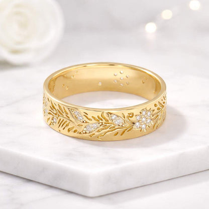 engraved wedding ring floral wedding band leaf engraved band flower engraved ring botanical wedding ring