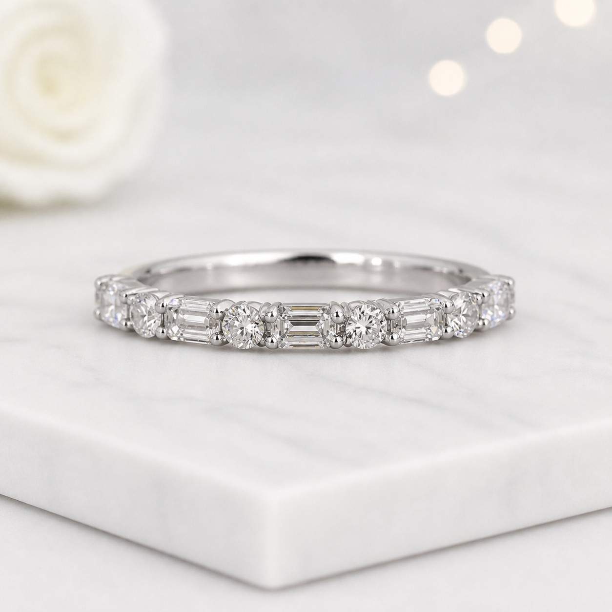 eternity ring diamond band wedding band stackable ring half eternity rose gold ring baguette ring round diamond thin band slim ring