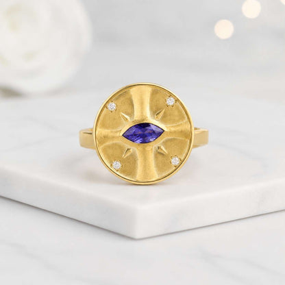 evil eye ring signet ring disc ring round ring gold ring blue stone marquise center bezel ring satin finish matte gold flush set diamond accent celestial ring statement ring women ring