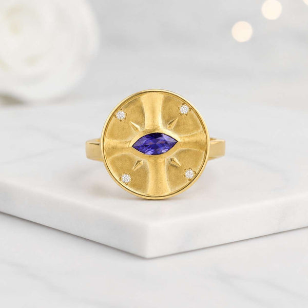 evil eye ring signet ring disc ring round ring gold ring blue stone marquise center bezel ring satin finish matte gold flush set diamond accent celestial ring statement ring women ring