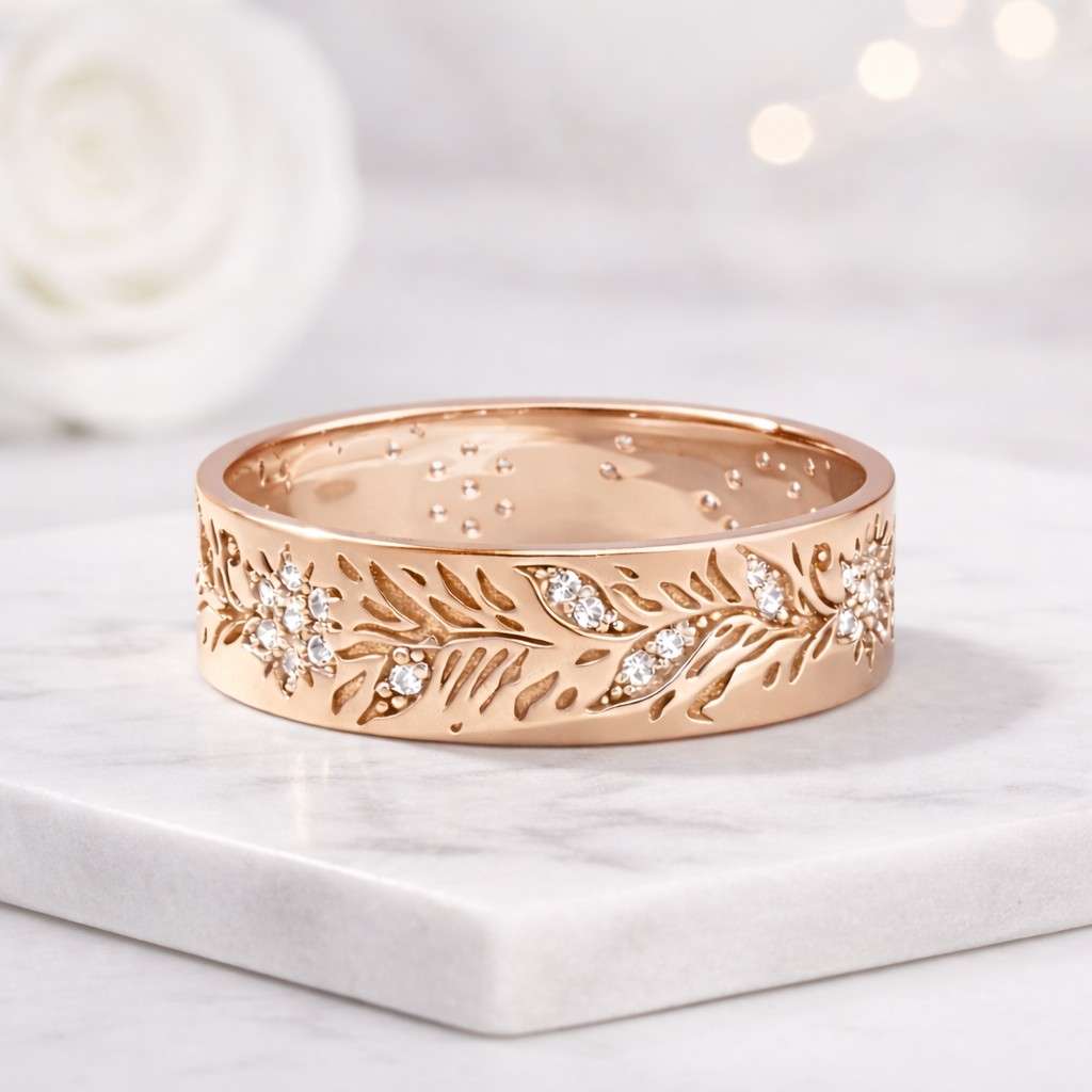 fine jewelry artisan ring unique band polished ring stackable band leaf pattern floral design comfort fit smooth band