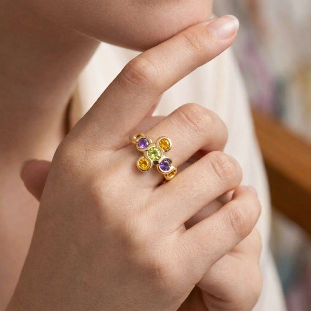 floral gemstone ring flower cluster ring colorful jewelry rainbow ring round gemstone ring bezel set ring gemstone band ring
