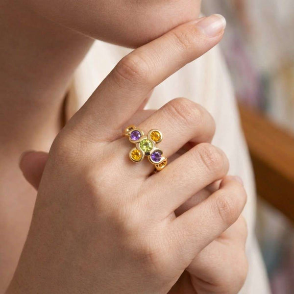floral gemstone ring flower cluster ring colorful jewelry rainbow ring round gemstone ring bezel set ring gemstone band ring