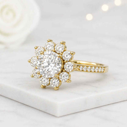 floral halo ring bloom ring petal ring starburst ring crown ring decorative ring fancy ring round halo ring center stone ring accent stone ring sparkle ring luxury jewelry
