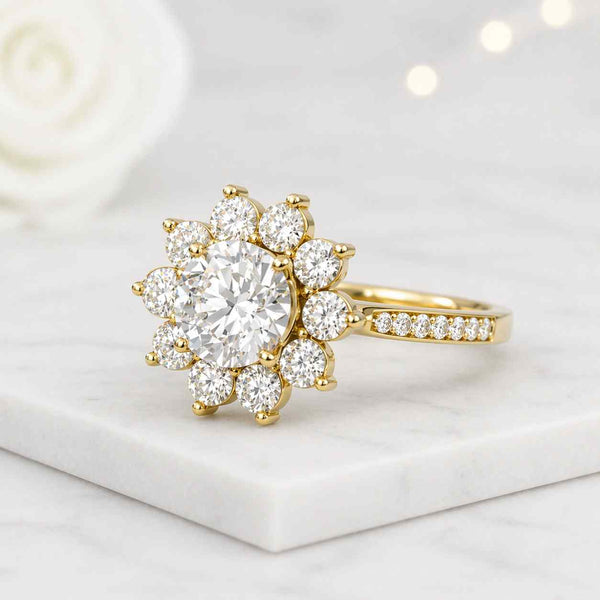 floral halo ring bloom ring petal ring starburst ring crown ring decorative ring fancy ring round halo ring center stone ring accent stone ring sparkle ring luxury jewelry