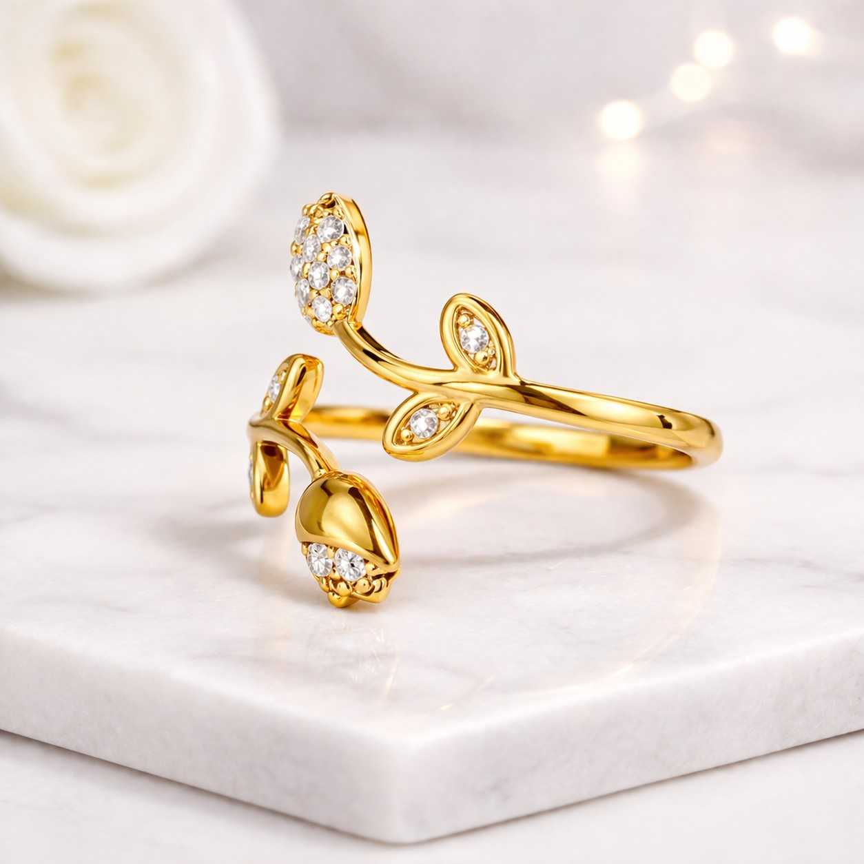 flower band ring vine band ring leaf band ring open band ring bypass ring crossover ring bloom ring wrap band ring twig ring branch ring floral band ring crystal band ring yellow ring gold band ring ladies ring gift jewelry stackable ring layering ring modern ring simple ring minimal ring