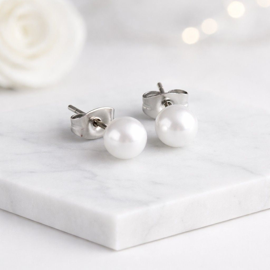 freshwater pearl earrings simulated pearl earrings cultured pearl studs pearl bead earrings white bead earrings glossy pearl earrings rose gold earrings rose gold studs