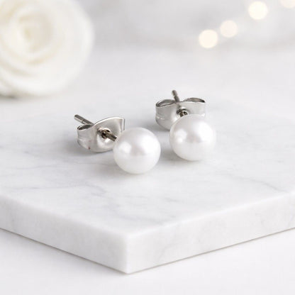 freshwater pearl earrings simulated pearl earrings cultured pearl studs pearl bead earrings white bead earrings glossy pearl earrings rose gold earrings rose gold studs