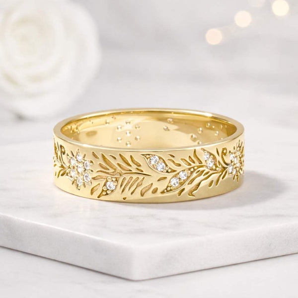 gold band ring floral ring leaf ring engraved ring nature ring women band botanical ring vine ring flower band crystal band wedding band statement ring