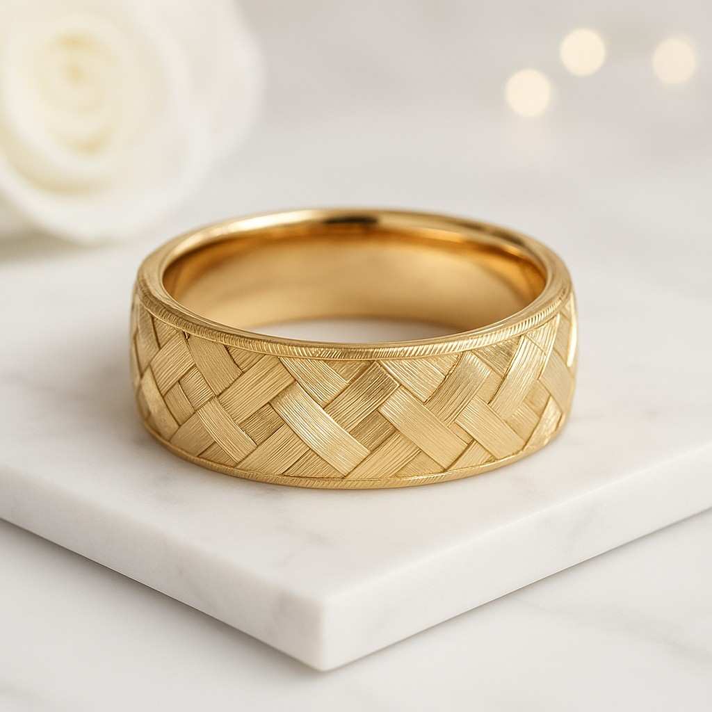 gold band ring wide band ring woven ring basket weave ring engraved ring textured ring comfort fit ring unisex ring wedding band statement ring polished ring brushed finish ring