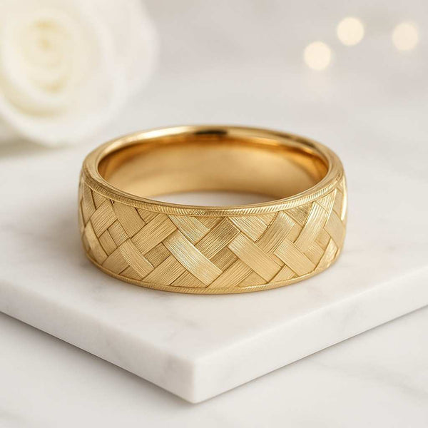 gold band ring wide band ring woven ring basket weave ring engraved ring textured ring comfort fit ring unisex ring wedding band statement ring polished ring brushed finish ring