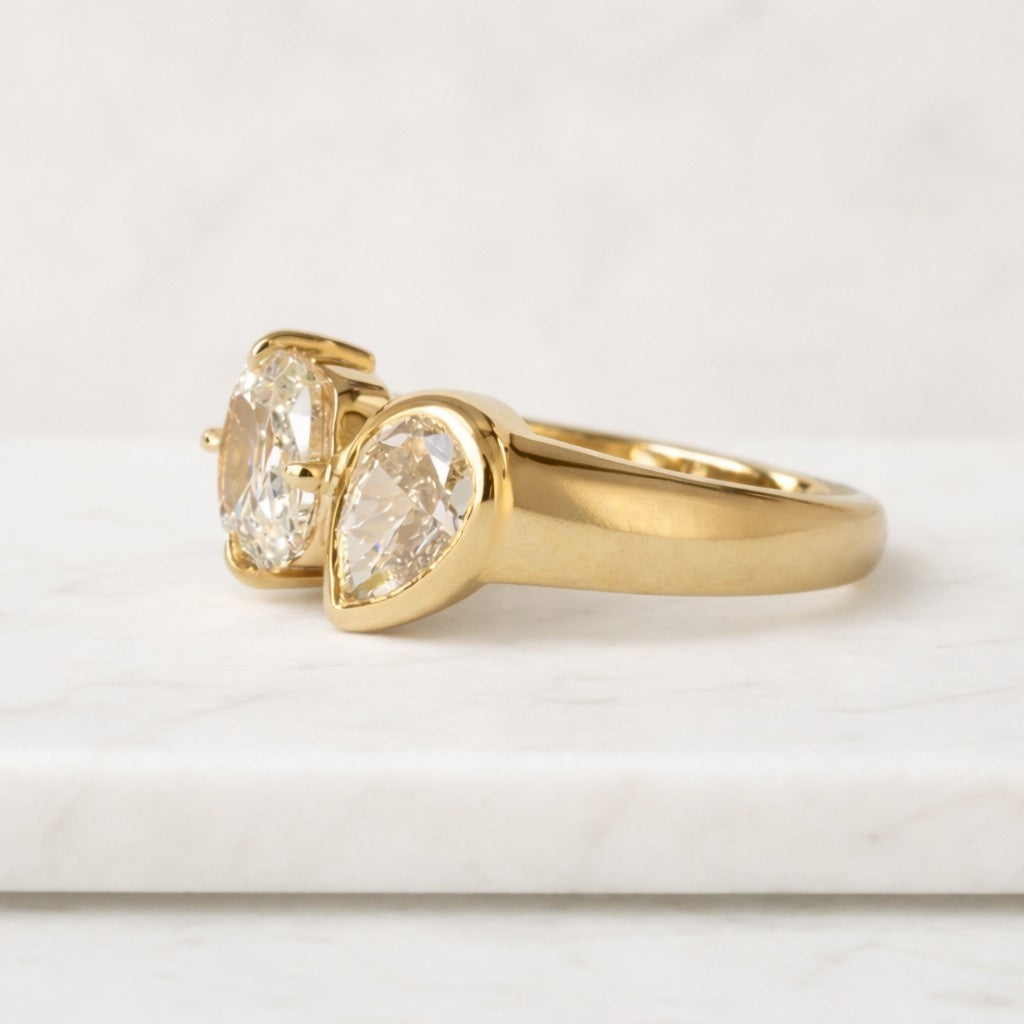elongated old mine cushion and champagne pear lab grown diamond ring order for addy