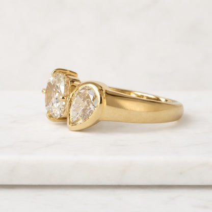 Elongated Old Mine Cushion and Champagne Pear Lab Grown Diamond Ring Order For Addy