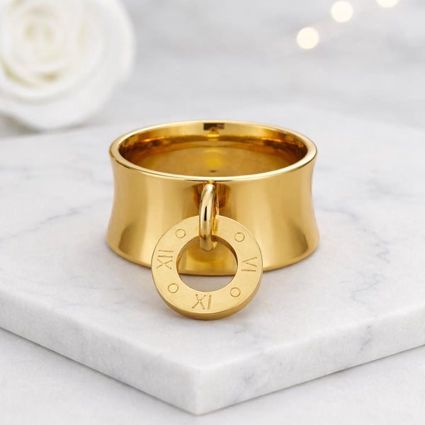 gold ring statement ring wide band ring charm ring dangle ring roman numeral ring disc charm ring chunky ring fashion ring women ring cocktail ring bold ring