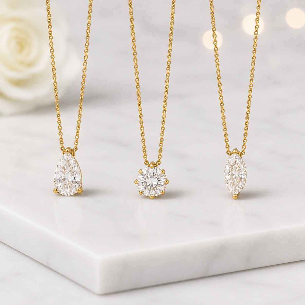 lab grown diamond gold necklace, pear round & marquise pendant necklace