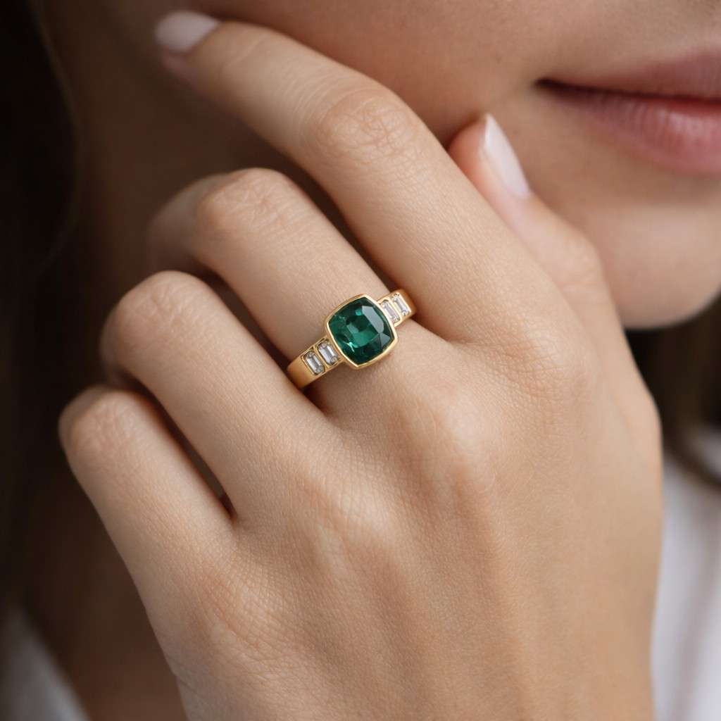 green engagement ring emerald engagement ring emerald solitaire ring green gemstone ring cushion gemstone ring