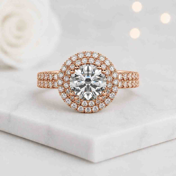 halo engagement ring round halo ring rose gold ring pave band ring double halo ring bridal ring statement ring luxury ring sparkling ring center stone ring round cut ring fine jewelry ring women ring elegant ring