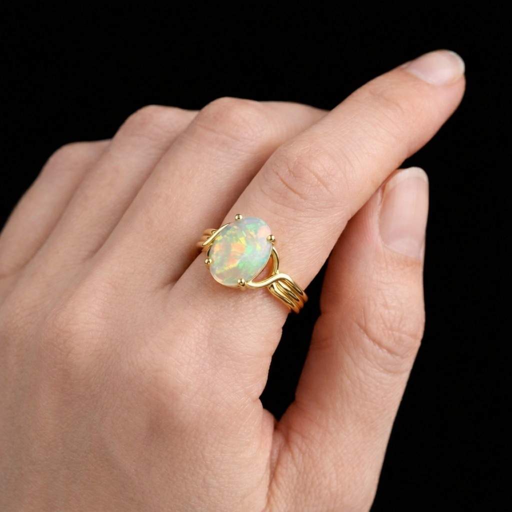 handmade jewelry artisan jewelry colorful stone iridescent stone rainbow gemstone glowing opal fire gemstone oval cabochon prong ring polished gold yellow metal ring