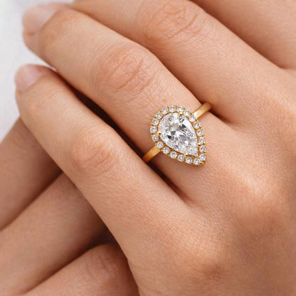 handmade ring custom ring polished ring sparkling ring center stone ring halo setting ring delicate ring slim band ring yellow ring pear cut ring gemstone ring engagement ring