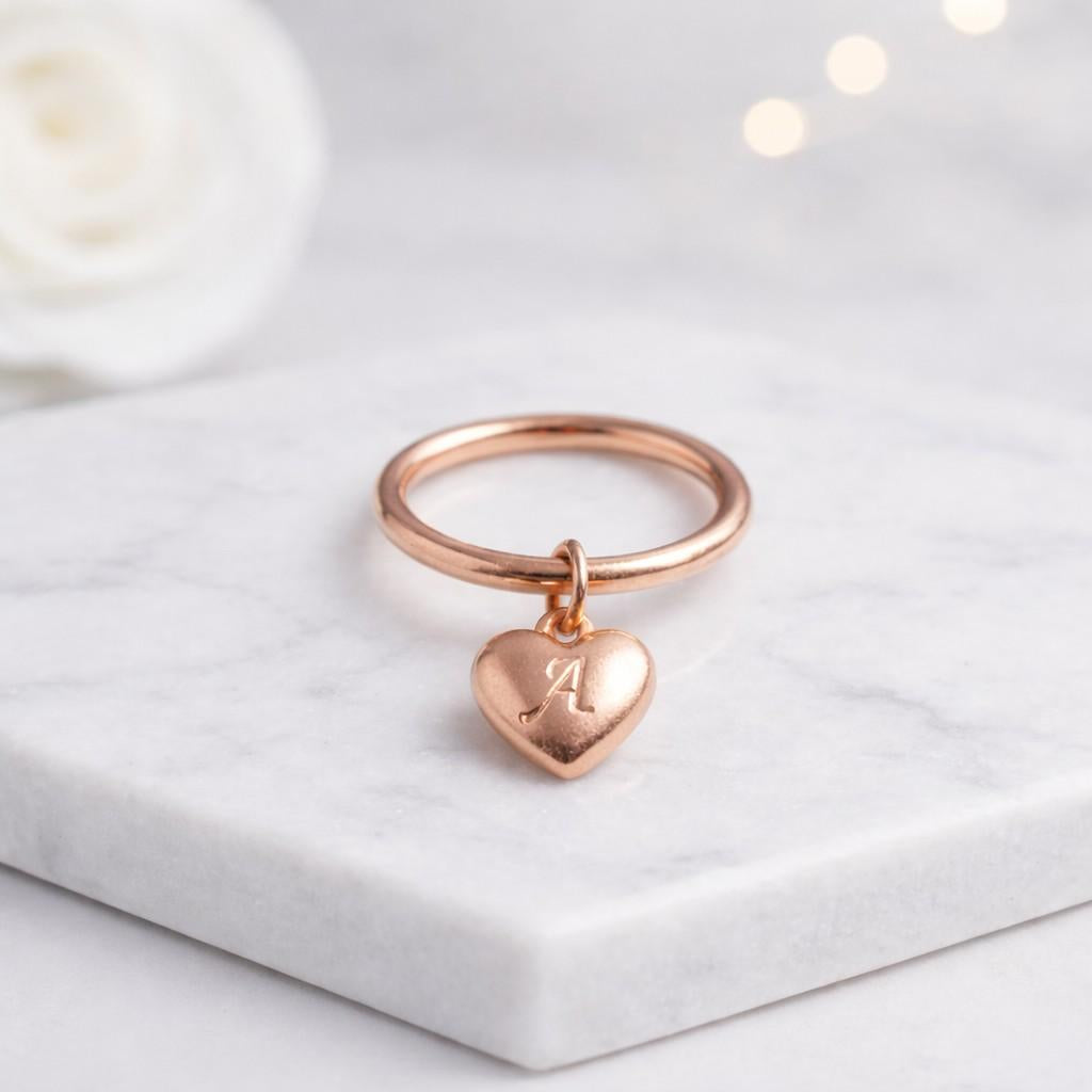 heart charm ring initial ring letter ring monogram ring charm ring silver ring stackable ring dainty ring minimal ring