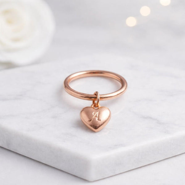 heart charm ring initial ring letter ring monogram ring charm ring silver ring stackable ring dainty ring minimal ring