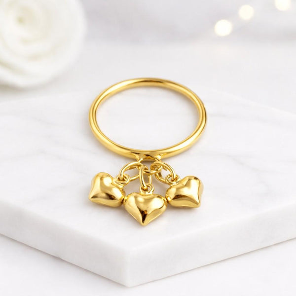 heart ring gold heart ring dangling heart ring charm ring triple heart ring statement ring cute ring love ring heart jewelry