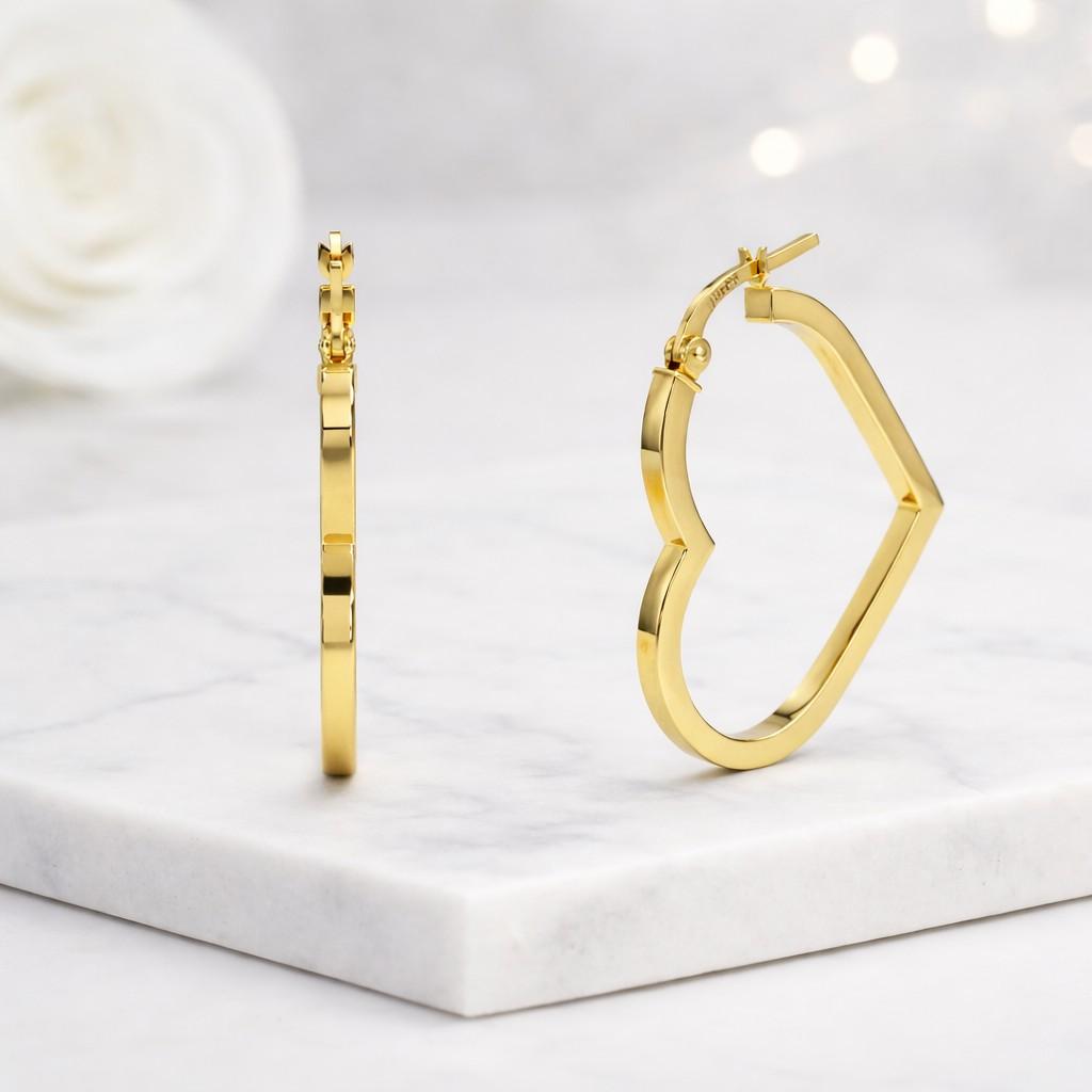 heart shaped earrings angular heart earrings gold plated earrings heart hoop jewelry open hoop earrings contemporary earrings polished gold earrings