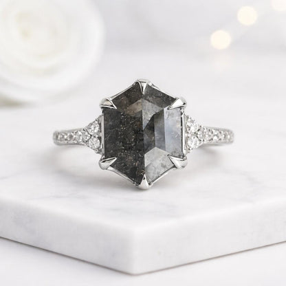 hexagon ring geometric ring dark stone ring gray gemstone ring black gemstone ring rose gold jewelry bridal jewelry