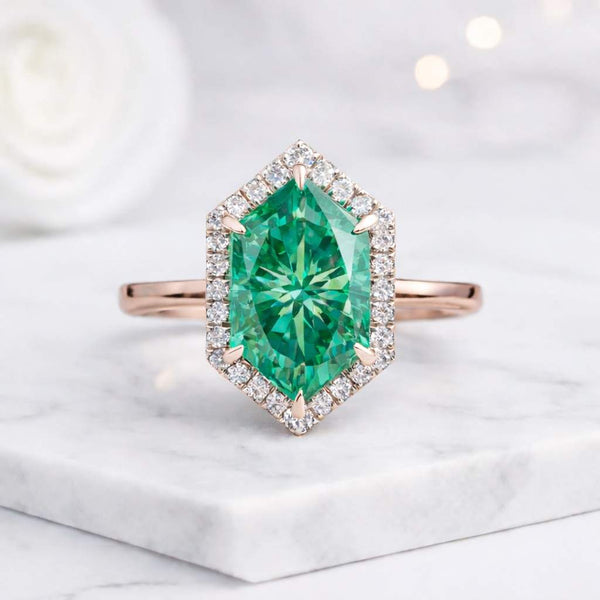 hexagon ring green moissanite ring halo ring rose gold ring geometric ring statement ring solitaire ring promise ring