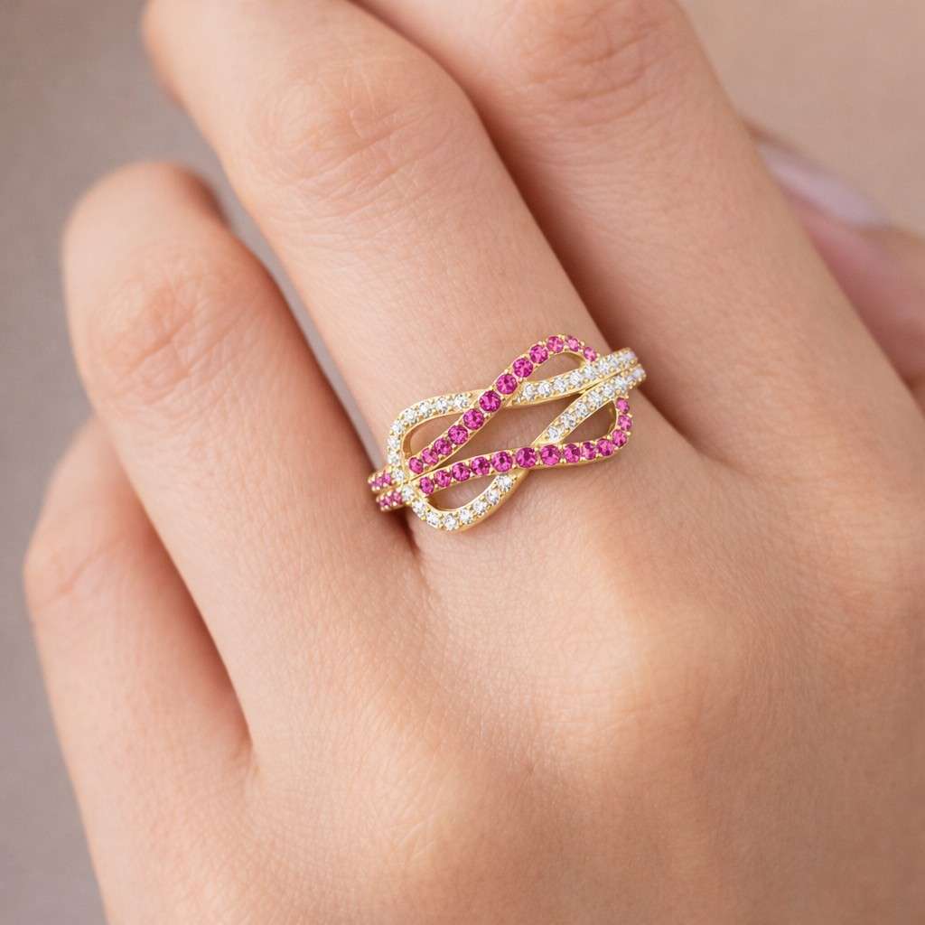 infinity band twisted ring crossover band pink gemstone ring crystal band infinity style open band designer ring fashion jewelry ladies ring pink jewelry silver jewelry statement jewelry stackable ring layered ring