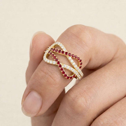 infinity jewelry infinity style ring wrap ring crossover band red gemstone ring white metal ring shiny ring fashion jewelry womens jewelry ladies ring elegant jewelry gemstone jewelry ruby ring