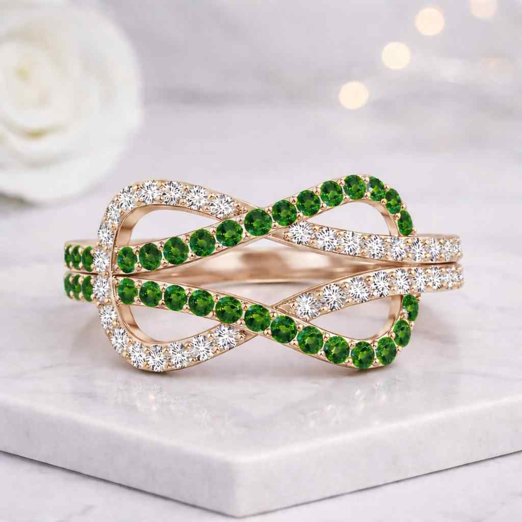 infinity wedding ring infinity engagement ring green gemstone ring white gemstone ring twisted band ring wave band ring loop band ring