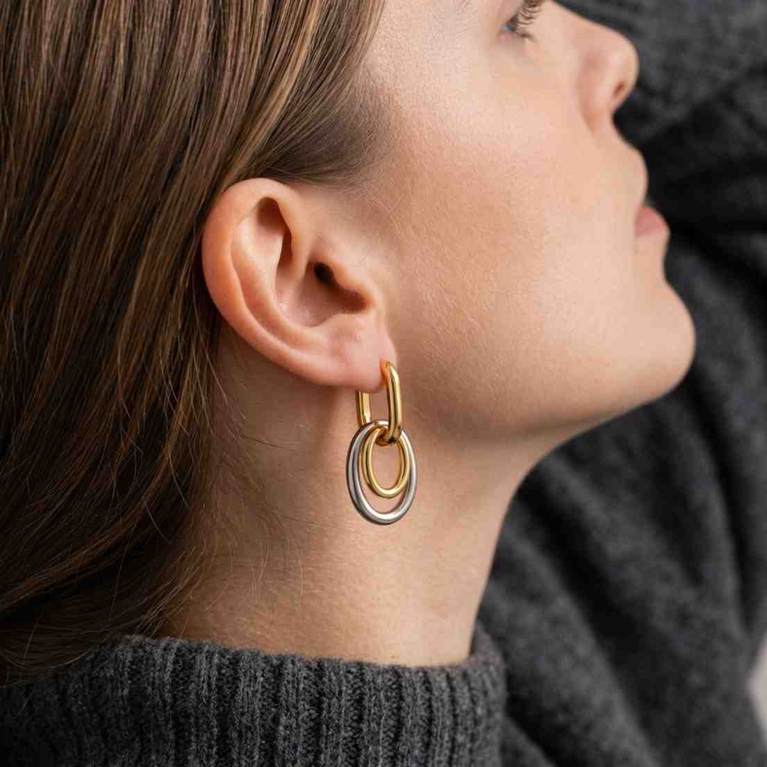 interlocking earrings chain link earrings layered earrings double link earrings oval drop earrings gold tone earrings silver tone earrings luxury earrings refined earrings clean design earrings smooth finish earrings