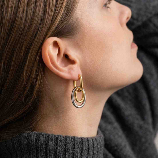 interlocking earrings chain link earrings layered earrings double link earrings oval drop earrings gold tone earrings silver tone earrings luxury earrings refined earrings clean design earrings smooth finish earrings