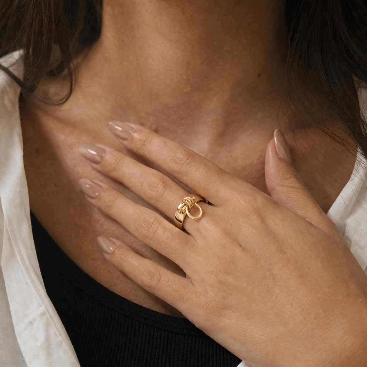 knot band ring loop band ring circle charm ring dangling circle ring gold band ring wide ring band sleek ring design polished band ring statement jewelry stylish ring gift for women jewelry gift unique band ring