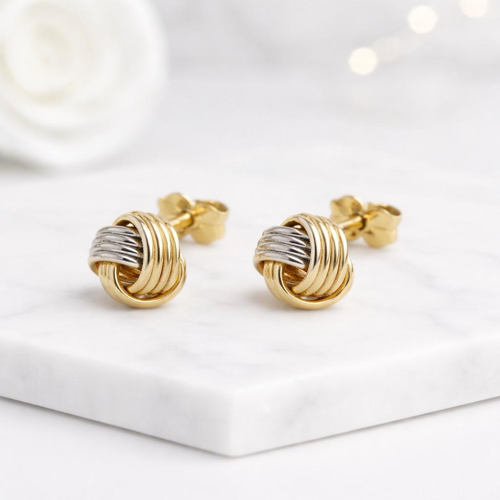 knot earrings stud earrings knot studs love knot earrings two tone earrings gold silver earrings woven earrings