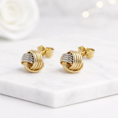 knot earrings stud earrings knot studs love knot earrings two tone earrings gold silver earrings woven earrings